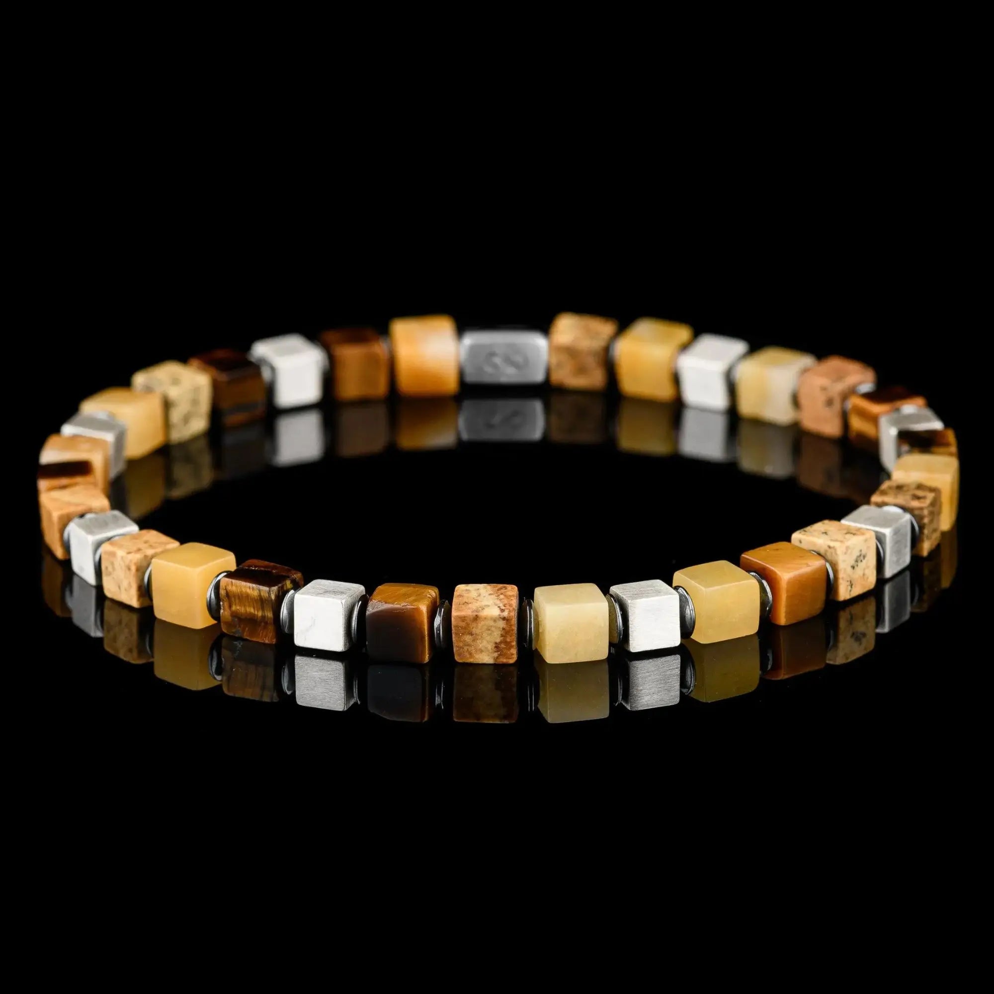 Tiger Eye-Landscape Jasper-Yellow Jade Cube Bracelet I (6mm)