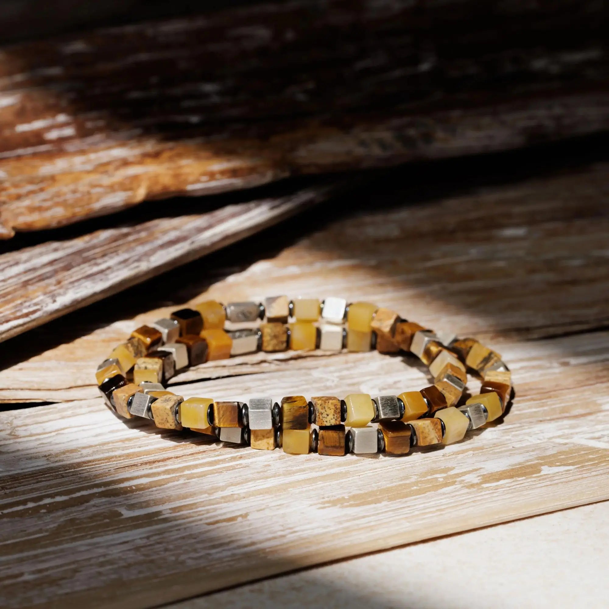 Tiger Eye-Landscape Jasper-Yellow Jade Cube Bracelet I (6mm)