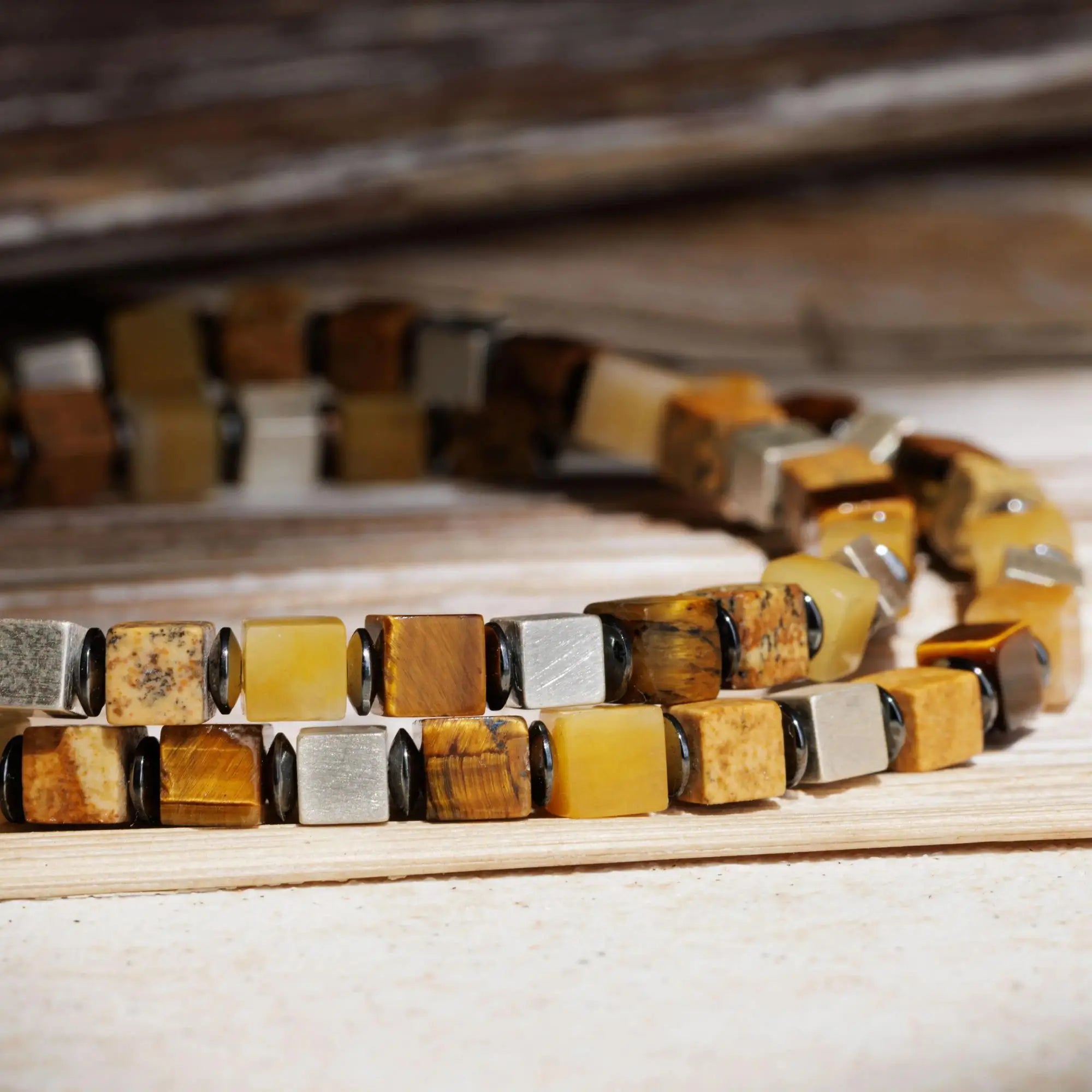 Tiger Eye-Landscape Jasper-Yellow Jade Cube Bracelet I (6mm)